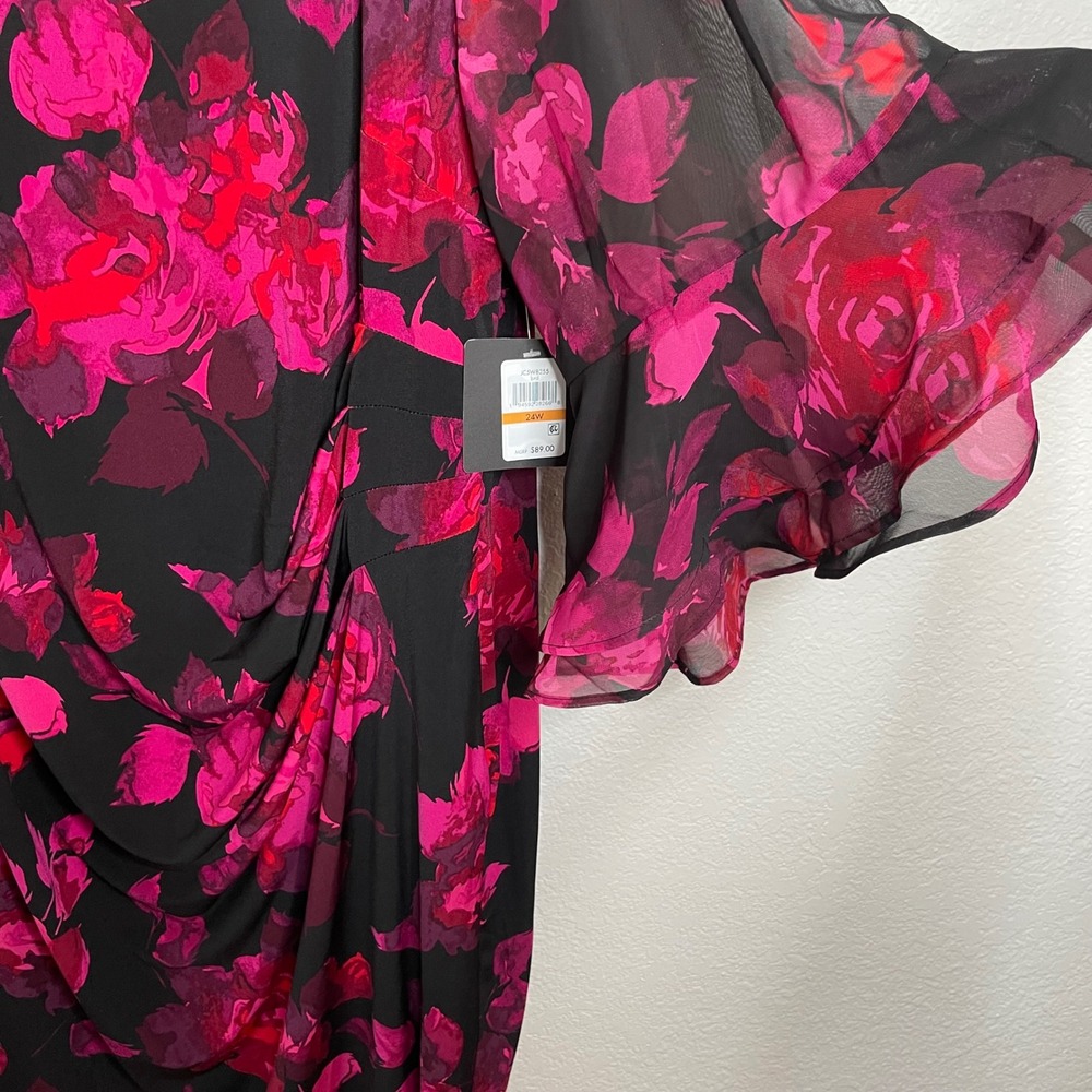 Jessica Howard Womens 24W Pink Floral Ruffle Bell Sleeve Drape Sheath‎ Dress NEW - Picture 2 of 5